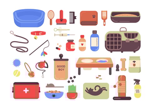 Collection of pet shop goods for cats and dogs isolated on white background. Set of items for domestic animals care, treatment, grooming, entertainment, feeding. Colorful flat illustration. vector