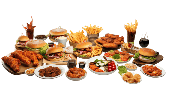Fast food isolated on a transparent background. hamburgers, cheeseburgers, french fries, chicken nuggets, mozzarella cheese. png