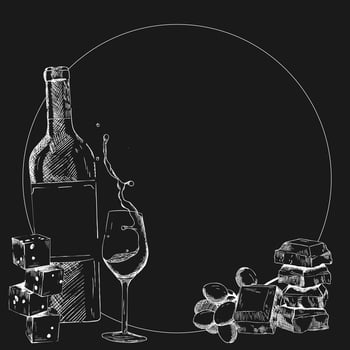 Illustration sketch bottle of wine, glass and snacks vector