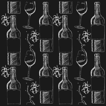 Sketch-style pattern with a bottle of wine and snacks vector
