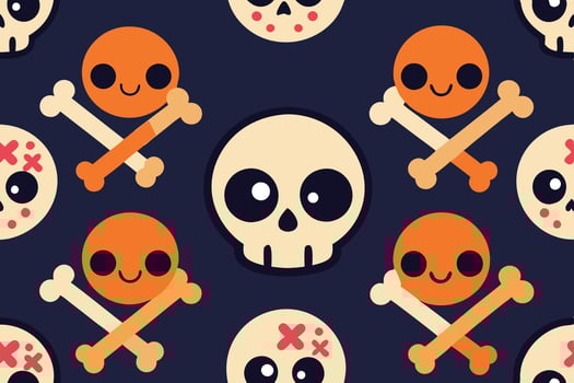 Colorful abstract pattern featuring cartoon skulls and crossbones, playful design in bright orange with pink accents, ideal for Halloween or themed decorations vector