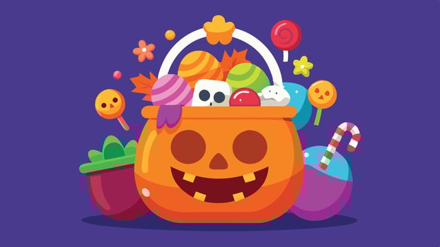 A colorful basket filled with various candies and treats, perfect for celebrating a festive occasion and enticing sweet lovers of all ages vector