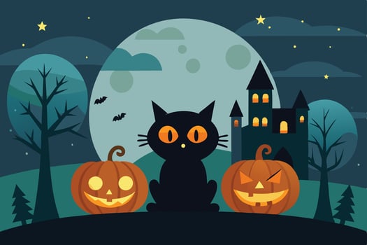 A whimsical Halloween night with black cats, carved pumpkins, and a spooky castle under a full moon in a charming, colorful landscape vector