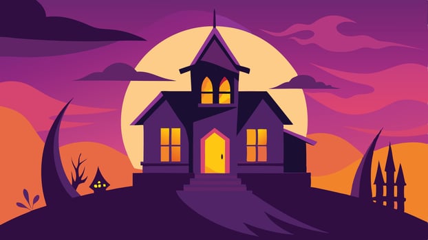 A spooky, stylized house silhouette is set against a vibrant purple sky at sunset, with a large orange moon illuminating its whimsical architecture vector