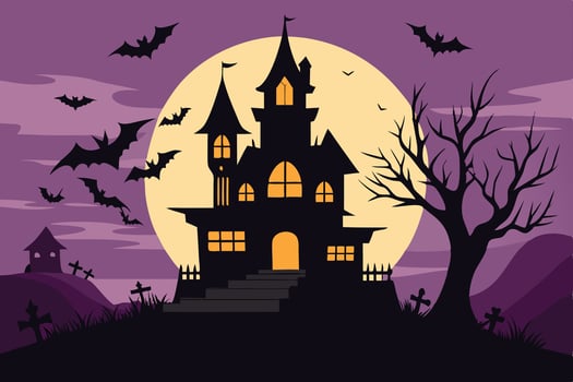 A spooky haunted house silhouette under a full moon with bats flying around, set in a dark purple twilight sky with a mysterious graveyard backdrop vector