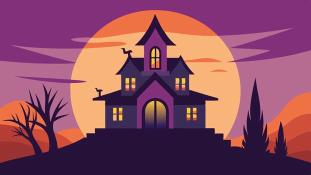 A spooky, stylized house silhouette is set against a vibrant purple sky at sunset, with a large orange moon illuminating its whimsical architecture vector