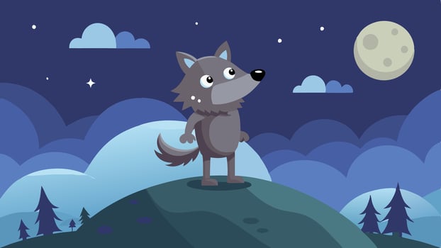 A cartoon wolf gazes at the full moon from a grassy hilltop under a starlit sky during a serene night in a whimsical forest vector