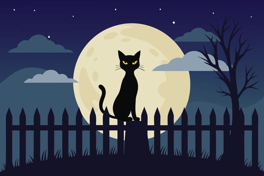 A black cat sitting proudly on a stone wall under a bright full moon at night surrounded by a rustic wooden fence and soft clouds vector