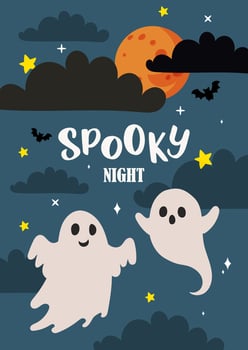 Spooky night halloween card. Illustration of spooks at night, stars and clouds, moon. Cartoon style vector