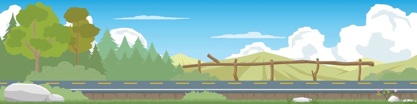 A scenic of asphalt road stretches through a lush green forest. Mountains rise in the distance, and a wooden fence lines the side of the road. The sky is blue with fluffy white clouds. vector
