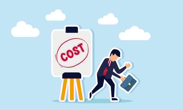 A businessman with a dejected look stands beside a sign that reads COST an illustration of the high business costs resulting from calculation. vector