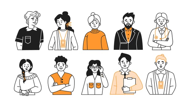 Various jobs avatars doodle line and color illustration set. Specialists in different industries linear sketch people collection vector