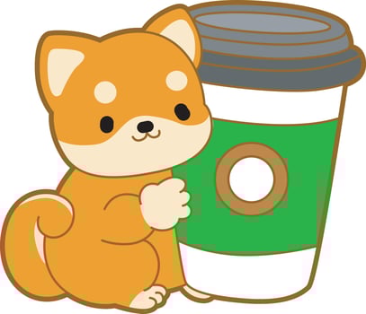 Shiba Inu bring a big cup of coffee. Cute puppy kawaii dog lovely animal icon. Fluffy Shiba Inu pet stickers. Happy doggy activities illustrations. vector