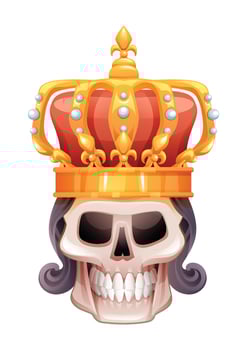 Skull with royal crown and curly hair. Cartoon illustration vector
