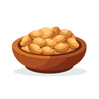 Top view of a wooden bowl filled with whole peanuts in shells flat illustration white background vector