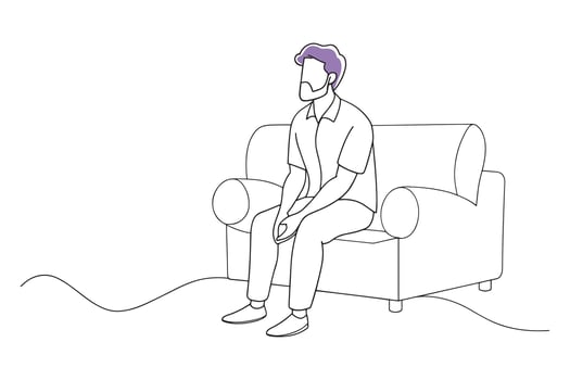 Man sitting on a sofa, reflecting on life decisions Continuous line art white background. vector