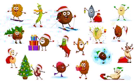 Cartoon Christmas nut, seed and bean characters vector