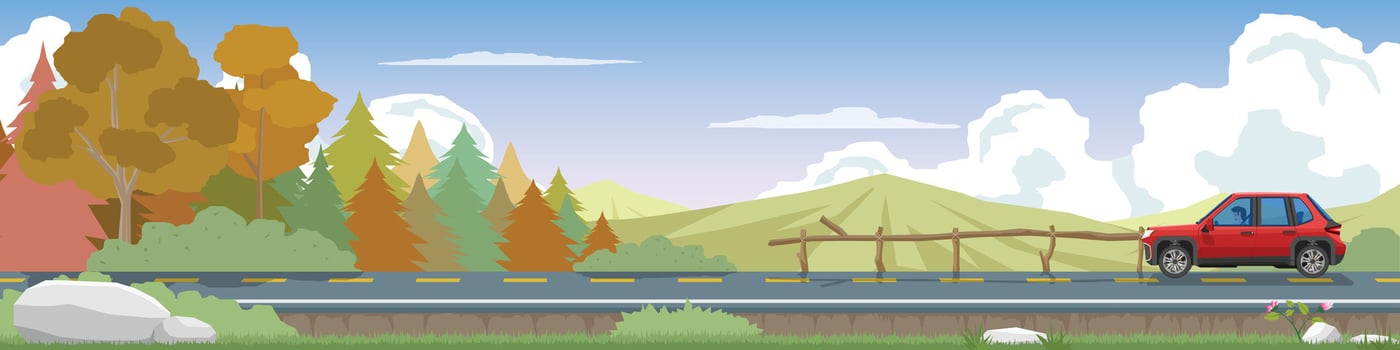 Landscape of red car drives along a paved road. Surrounded by lush green forests and rolling hills. Wooden fence lies side of road. Majestic mountains rise up against under blue sky and white clouds. vector