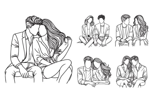 Line Art Couple Sitting Black and White Illustration Hand Drawn Clipart vector