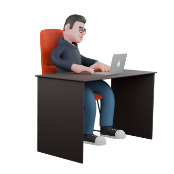 Male Programmer Cartoon in 3D. A male programmer is sitting behind a desk with both hands on the table. Coding Session Illustrated png