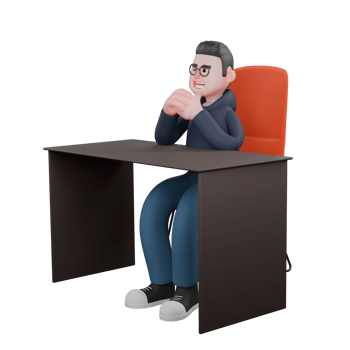 Professional Programmer 3D Cartoon. A male programmer is sitting on an office chair behind a desk, with his hands clasped in front of his face. Male Tech Guru png