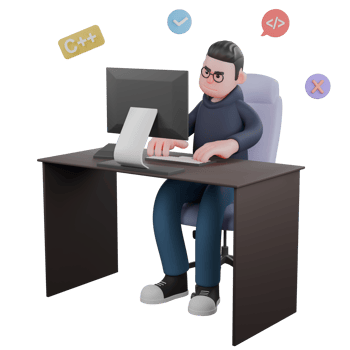 3D Cartoon Programmer Character. A male programmer is sitting behind a desk surrounded by sorkat symbols. Software Development Model png