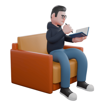 3D Male Programmer Coding. A male programmer is sitting on a sofa holding a book in his left hand and holding a pencil in his right hand. echnology Development Cartoon png