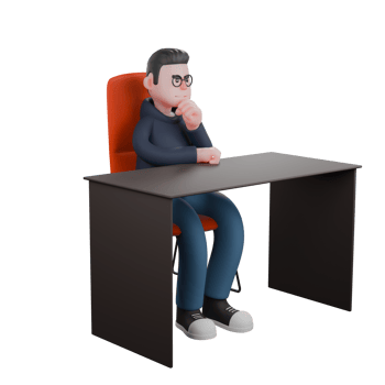 3D Male Software Expert. A male programmer is sitting behind a desk with his left hand holding his chin and his right hand on the desk. Illustrated Coding Character png