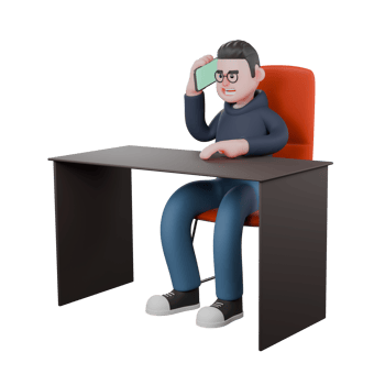 Programmer Character 3D. A male programmer is sitting behind a desk holding a cellphone in his right hand and his left hand on the table. Illustrated Male Developer png