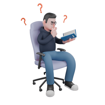 Tech Specialist Character. A male programmer is sitting on a gaming chair surrounded by question marks holding a book in his left hand and holding his chin with his right hand. 3D Male Model png