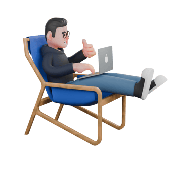 Software Expert 3D Model. A male programmer is sitting on a blue lounge chair with a laptop on his thigh and his left hand sticking out a thumb. Programmer Cartoon png