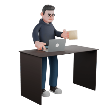 3D Illustrated of Male Programmer. A male programmer is standing behind a desk with his right hand holding a laptop on the table and his left hand carrying a cup of coffee. IT Specialist png