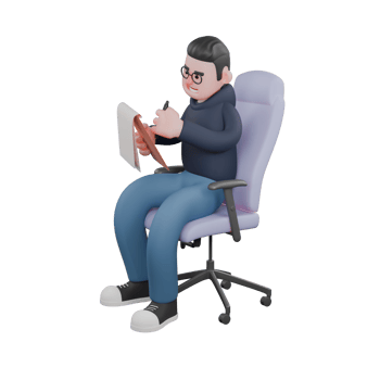 Professional Programmer 3D Art. A male programmer is sitting on a gaming chair holding a notebook in his right hand and holding a pen in his left hand. Male IT Character png