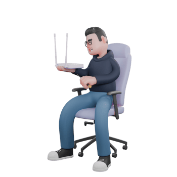 Cartoon Style Software Developer. A male programmer is sitting in his work chair with his right hand holding a WiFi router while his left hand holds a screwdriver. 3D Male png