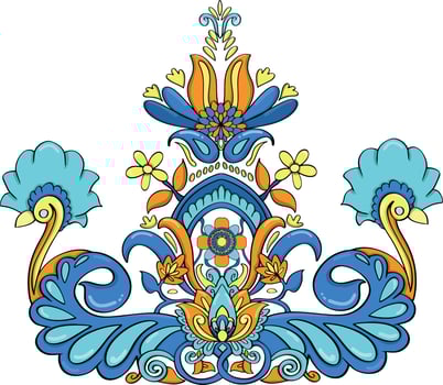 This vibrant ornamental design features a symmetrical arrangement of floral and leaf-like elements, rendered in bright blue, orange, and yellow hues. vector
