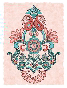 Vintage Floral Ornamental Pattern with Symmetry - Red and Green Color Scheme vector