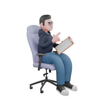Male Programmer 3D. A male programmer is sitting in his office chair while his left hand is holding a clipboard while his right hand is giving a finger gun symbol facing forward. Tech Services png