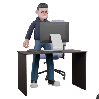 Male Programmer Professional Character. A male programmer stands in front of a desk with an angry expression. 3D Illustrated png