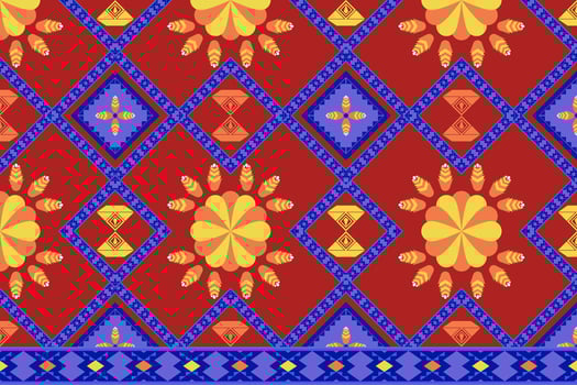 A colorful pattern with a red background and blue and yellow flowers vector