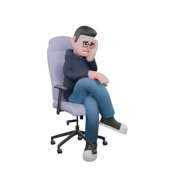 A male programmer is sitting on a work chair with his legs crossed and his left palm supporting his head while his right hand is on his knee, as if he is sad or imagining something. 3D Male Programmer png