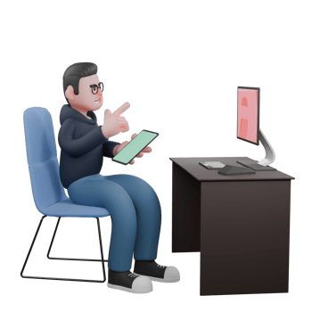 3D Male Programmer. A male programmer is sitting on his desk chair with a monitor screen on top and his left hand is holding a tablet while his right hand is pointing towards the monitor screen. png