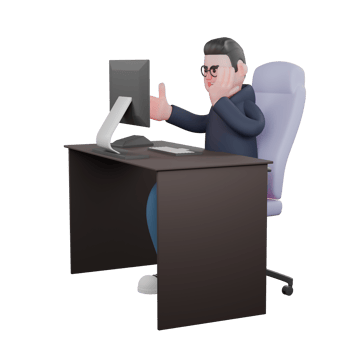 Male Programmer at Tech 3D. A male programmer is sitting on his work chair and his right hand is visible on the table and his left hand is on his cheek. Professional Character png