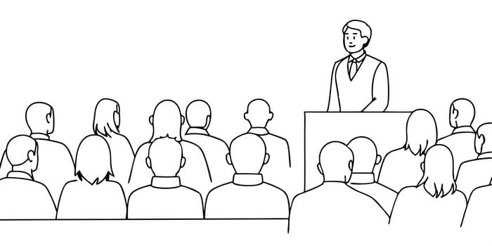 continuous single line drawing of keynote speaker and audience at business conference, line art vector