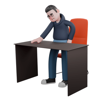 Male Programmer in Tech 3D. A male programmer is standing from his work chair and his right hand is visible on the table and his left hand on his waist. Professional Character png