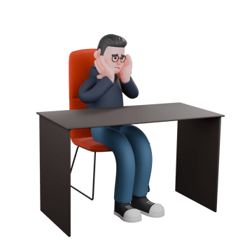 Programmer in 3D. A male programmer is sitting on his desk chair with both hands holding his cheeks. Male Professional png