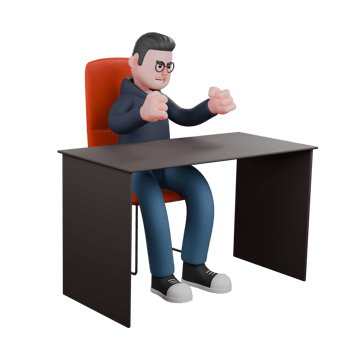 3D Male Programmer in Action. A male programmer is sitting on his desk chair while his hands are clenched on the table. Professional Tech png