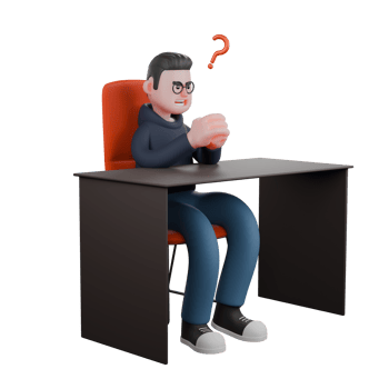 Cartoon ilustrated. A male programmer is sitting on his desk chair while both hands are clasped together and in front of his head there is a question mark symbol. Programmer in 3D png