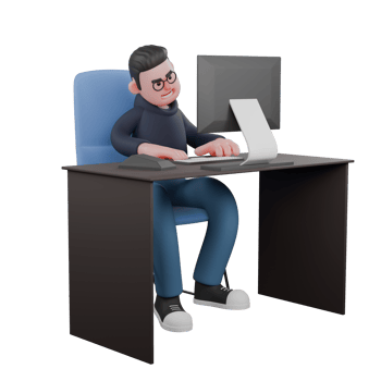 Male Programmer 3D Cartoon. A male programmer is sitting on his desk chair while operating a computer. Professional Tech png