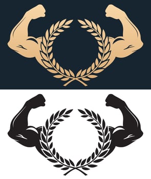 laurel wreath with muscle arms, symbol in gold and black color vector