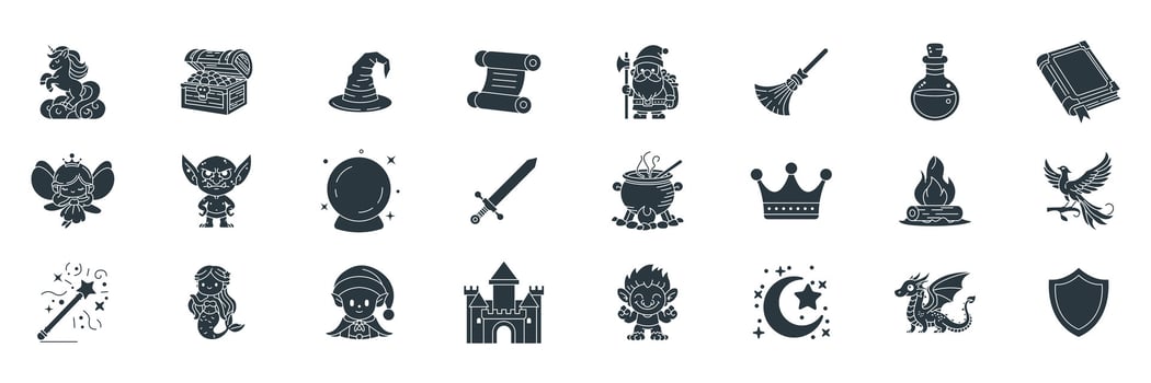 Medieval Fantasy icons set, Included icons as Book of Spells, Fairy, Dragon, Dwarf and more symbols collection, logo isolated illustration vector
